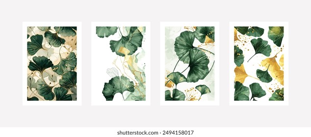 Conjunto de 4 elegantes hojas de ginkgo en verde y oro, estilo de acuarela botánica para decoración y diseño de lujo