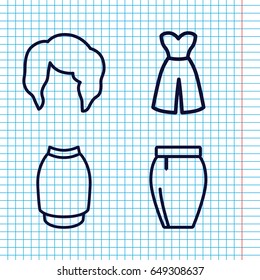 Set of 4 elegant outline icons such as woman hairstyle, skirt
