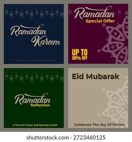 Eine Reihe von 4 eleganten Ramadan Social-Media-Post-Vorlagen in einem Layout. Mit modernen islamischen geometrischen Sternen, tiefblauen und goldenen Farben, geeignet für Grüße und Geschäftsaktionen