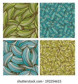 set of 4 elegant seamless patterns with decorative green and blue leaves, design elements