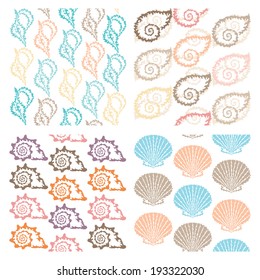 set of 4 elegant seamless patterns with decorative seashells, design elements. Sea, marine life, vacation background