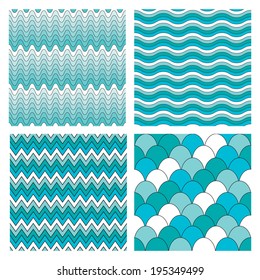 set of 4 elegant seamless patterns with decorative blue waves, design elements. Marine background