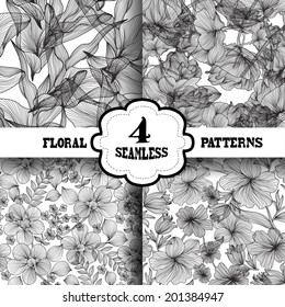 Set of 4 elegant seamless patterns with hand drawn decorative flowers, design elements. Floral patterns for wedding invitations, greeting cards, scrapbooking, print, gift wrap, manufacturing.