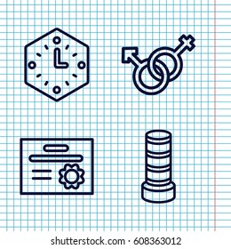 Set of 4 element outline icons such as business center building, male and female, wall clock
