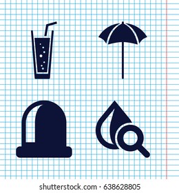 Set of 4 elements filled icons such as soda, drop under magnifier, studio umbrella