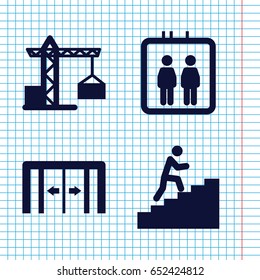 Set of 4 elevator filled icons such as sliding doors, elevator, construction crane