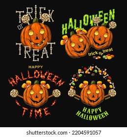 Set of 4 emblems with pumpkins like little kids, sweets, bones, text happy halloween, trick or treat. Halloween colorful funny labels in vintage style