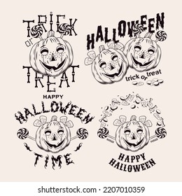 Set of 4 emblems with pumpkins like little kids, sweets, bones, text happy halloween, trick or treat. Halloween monochrome funny labels on white background in vintage style