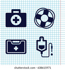 Set of 4 emergency filled icons such as drop counter, medical kit, lifebuoy