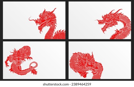 Set of 4 empty banners with chinese dragon silhouette as symbol of 2024 lunar new year. Wallpapers with various red dragons in asian style on white background with place for text.