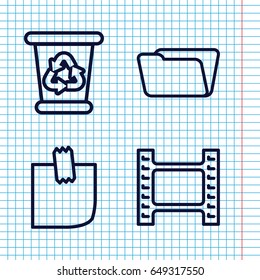 Set of 4 empty outline icons such as recycle bin, folder, glued note