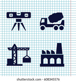 Set of 4 engineering filled icons such as construction crane, concrete mixer, level ruler