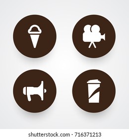 Set Of 4 Entertainment Icons Set.Collection Of Camera, Sorbet, Beverage And Other Elements.
