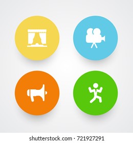 Set Of 4 Entertainment Icons Set.Collection Of Curtain, Disco, Megaphone And Other Elements.