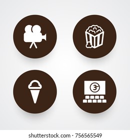 Set Of 4 Entertainment Icons Set.Collection Of Sorbet, Camera, Snack And Other Elements.