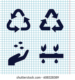 Set of 4 environmental filled icons such as hand with seeds, recycle