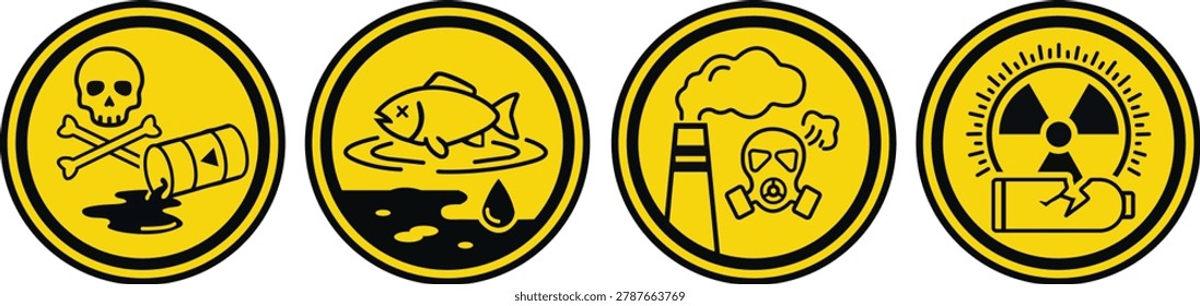 Set of 4 Environmental Pollution Warning Circle Icons — Toxic Waste, Water Contamination, Air Pollution and Nuclear Radiation Flat Vector Badge