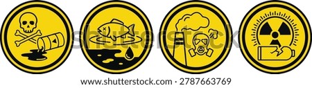 Set of 4 Environmental Pollution Warning Circle Icons — Toxic Waste, Water Contamination, Air Pollution and Nuclear Radiation Flat Vector Badge