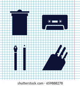 Set of 4 equipment filled icons such as trash bin, cassette, knife