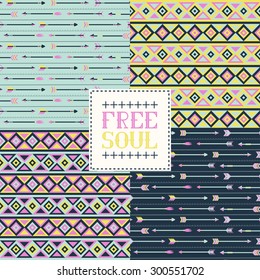 Set of 4 ethnic seamless patterns. Tribal geometric background. Stylish trendy fabric. Modern abstract wallpaper. Vector illustration.