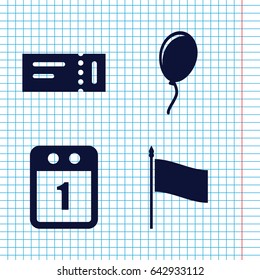 Set of 4 event filled icons such as ticket, balloon, 1st day calendar