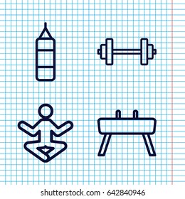 Set of 4 exercise outline icons such as gymnastic apparatus, barbell, boxing bag