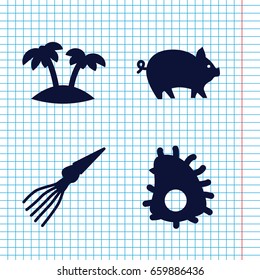 Set of 4 exotic filled icons such as pig, palm