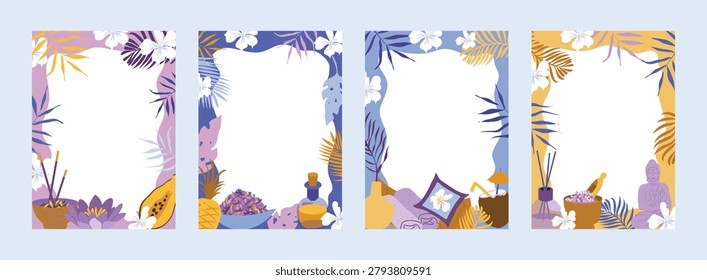Set of 4 exotic Thailand border frames with copy space. Vector illustration of vertical spa resort menu card templates with buddha, coconut cocktail, lotus and tropical palm leaves.