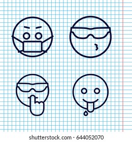 Set of 4 expression outline icons such as cool emot in sunglasses, cool emot, emoji in mask