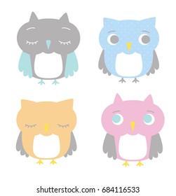Set of 4 expressive owls for kids and baby.
