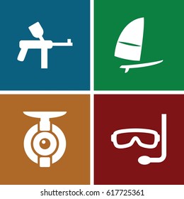set of 4 extreme filled icons such as windsurfing, aqualung, spy camera