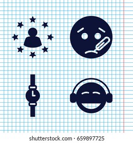 Set of 4 face filled icons such as emoji, sick emot, wrist watch