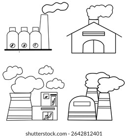 A set of 4 factory and industrial icons in minimalist line art (outline) style. Perfect for simple designs, technical drawings, and architectural or manufacturing blueprints.