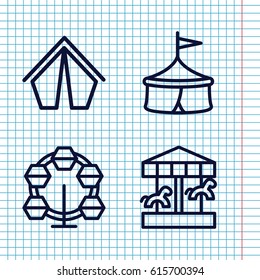 Set of 4 fair outline icons such as tent, carousel