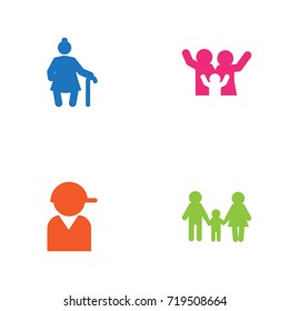 Set Of 4 Family Icons Set.Collection Of Grandma , Cheerful, Baseball Elements.