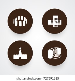 Set Of 4 Famous Icons Set.Collection Of Japan, Prehistoric Britain, Moscow And Other Elements.