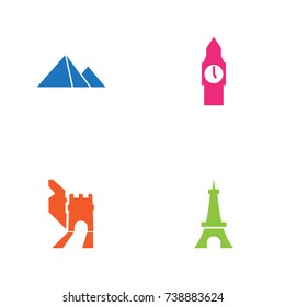 Set Of 4 Famous Icons Set.Collection Of Great Pyramid, China, Paris And Other Elements.