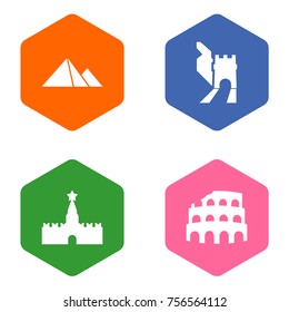 Set Of 4 Famous Icons Set.Collection Of Moscow, Coliseum, Great Pyramid And Other Elements.
