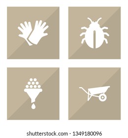 Set of 4 farm icons set. Collection of insect, barrow, gloves and other elements.