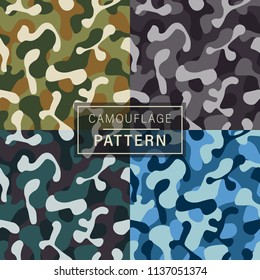  Set of 4 fashionable camouflage pattern. Camouflage pattern, graphic wallpaper texture design in various colors.  Military camouflage seamless pattern. Seamless vector wallpaper. vector illustration.