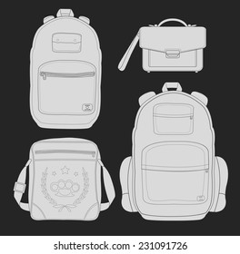 Set of 4 fashionable man bags: urban backpack, briefcase, shoulder bag, travel backpack. Chalkboard illustration isolated on black 