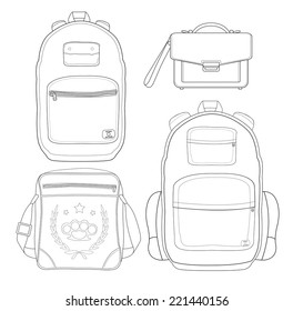 Set of 4 fashionable men bags: urban backpack, briefcase, shoulder bag, travel backpack. Line art. Black and white, Isolated