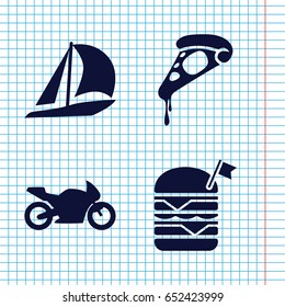 Set of 4 fast filled icons such as pizza, double burger with flag, motorbike