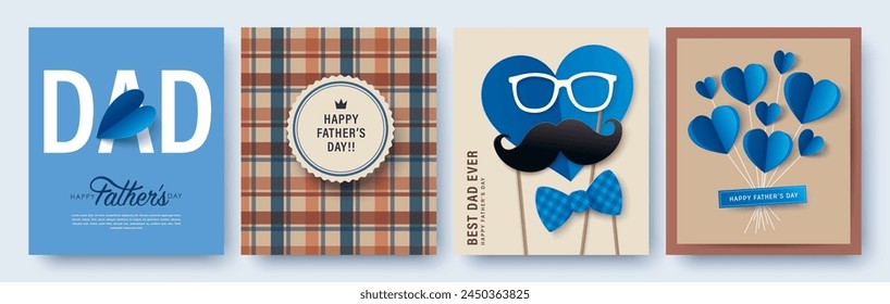 Set of 4 Father's Day greeting cards in modern paper cut style. Vector illustration for cover, poster, banner, flyer and social media.