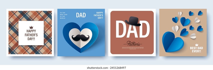 Conjunto de 4 tarjetas de felicitación del Día del Padre en estilo moderno de corte de papel. Ilustración vectorial de portada, póster, Anuncio, flyer y redes sociales.