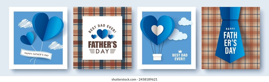 Set of 4 Father's Day greeting cards in modern paper cut style. Vector illustration for cover, poster, banner, flyer and social media.