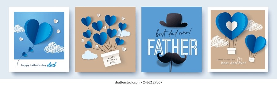 Set of 4 Father's Day greeting cards in modern paper cut style. Vector illustration for cover, poster, banner, flyer and social media.