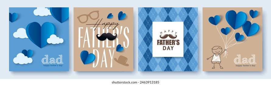 Set of 4 Father's Day greeting cards in modern paper cut style. Vector illustration for cover, poster, banner, flyer and social media.