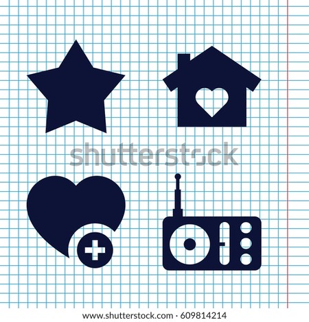 Set of 4 favorite filled icons such as add favorite, radio, house with heart