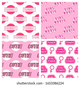 Set of 4 feminist seamless patterns. Pink feminine vector backgrounds with Venus symbols and text patches: "Girl magic", "Girl power", etc.	